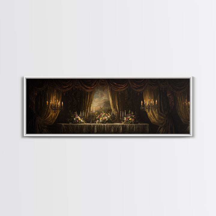 Velvet Drapery with Pearls Flowers and Candlelight Canvas Print, Baroque Art, Baroque, Living Room Decor, Watercolor Art, BAO-3x1-19