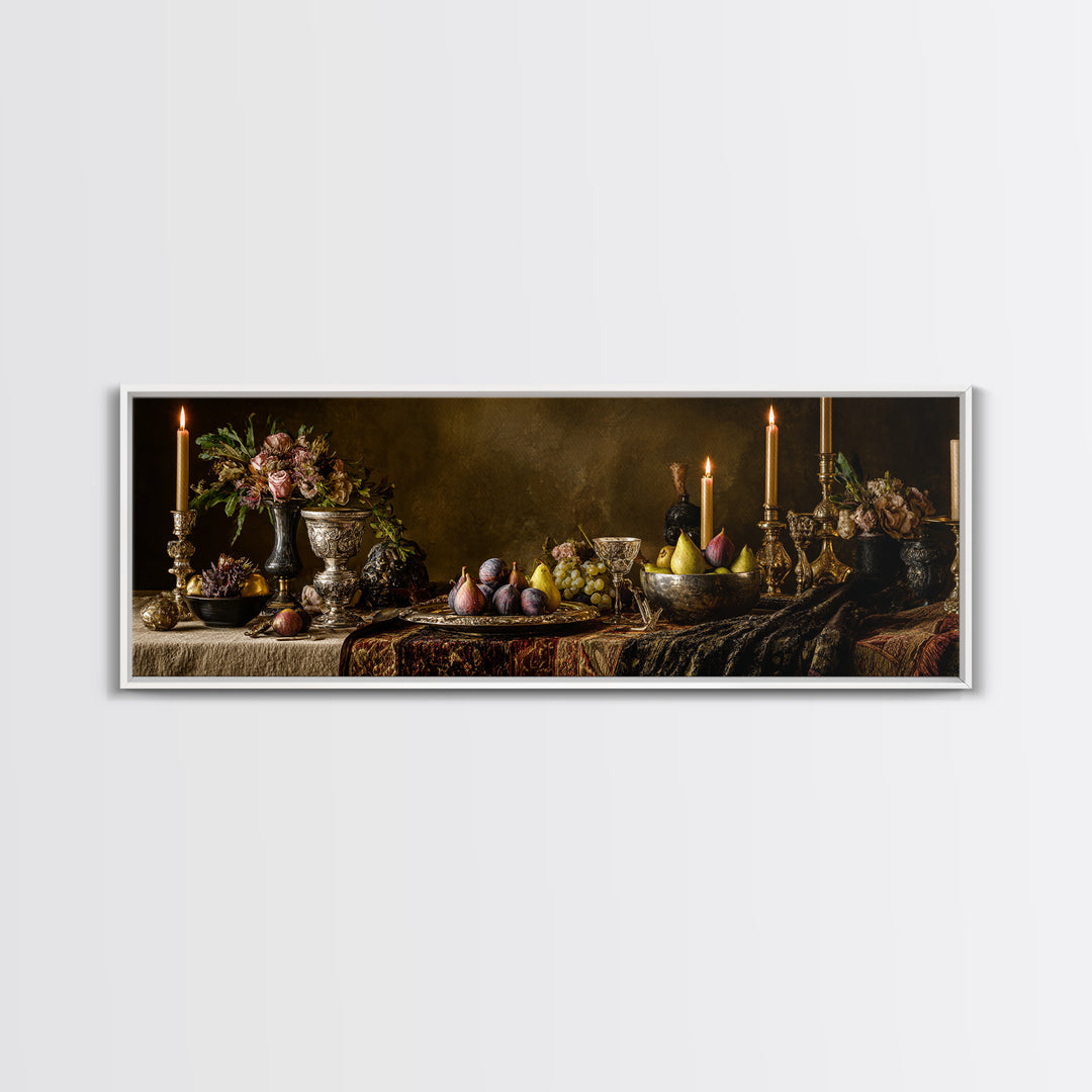 Candlelit Table with Silver Goblet and Figs Canvas Print, Baroque Art, Poster, Living Room Decor, Oil Painting, Ornate, BAO-3x1-29