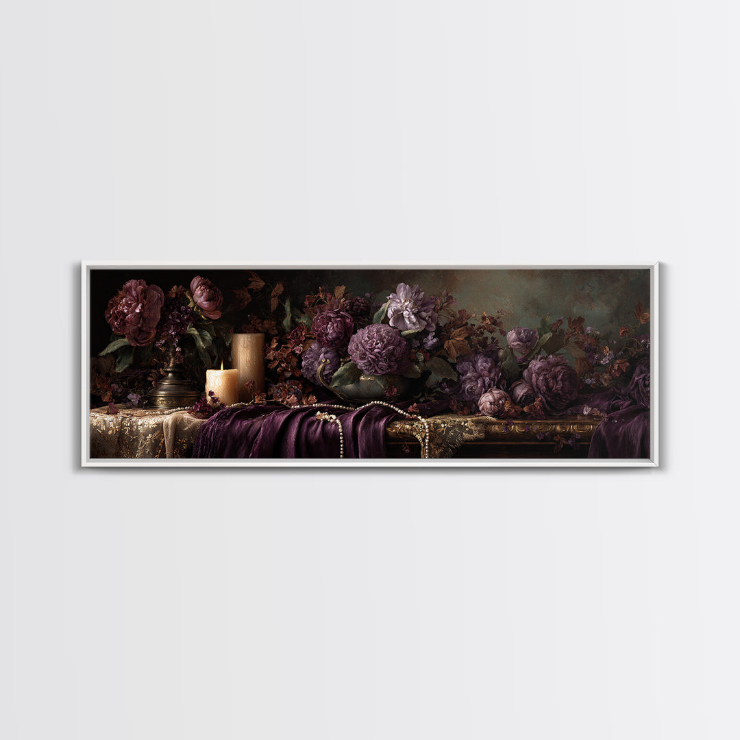 Velvet Drapery with Pearls Flowers and Candlelight Canvas Print, Baroque Art, Art Print, Living Room Decor, Fine Art, Ornate, BAO-3x1-43