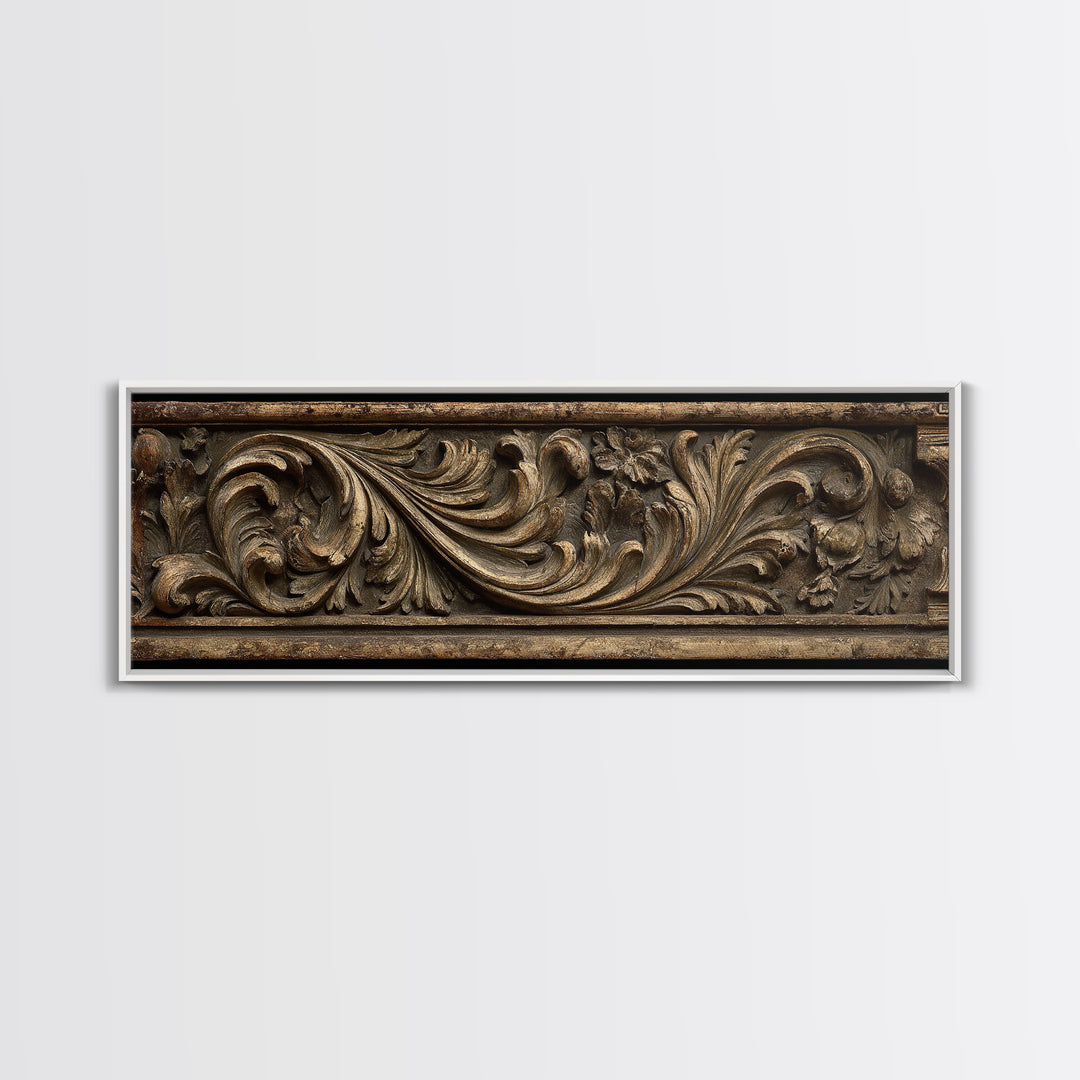 Carved Acanthus Leaf Ornament Study Framed Canvas Print, Baroque Art, Boho Decor, Living Room Decor, Oil Painting, Ornate, BAO-3x1-55