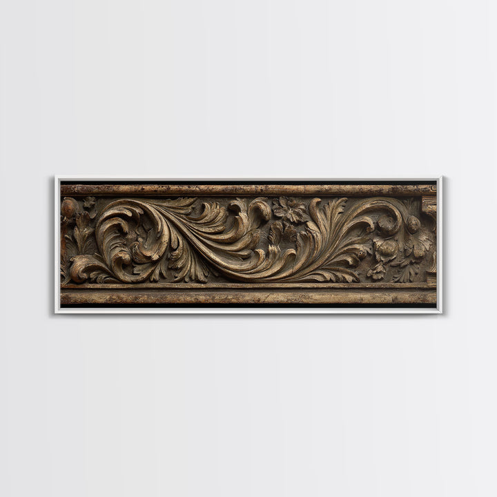 Carved Acanthus Leaf Ornament Study Framed Canvas Print, Baroque Art, Boho Decor, Living Room Decor, Oil Painting, Ornate, BAO-3x1-55