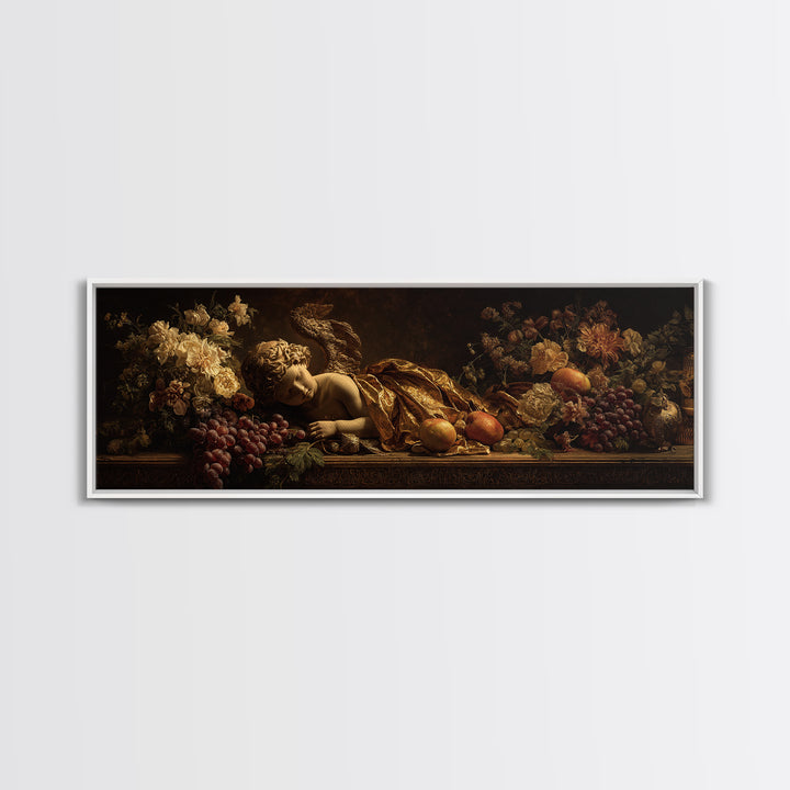 Ornate Cherub Figure Surrounded by Clouds and Canvas Print, Baroque Art, Living Room Decor, Oil Painting, Ornate, BAO-3x1-66