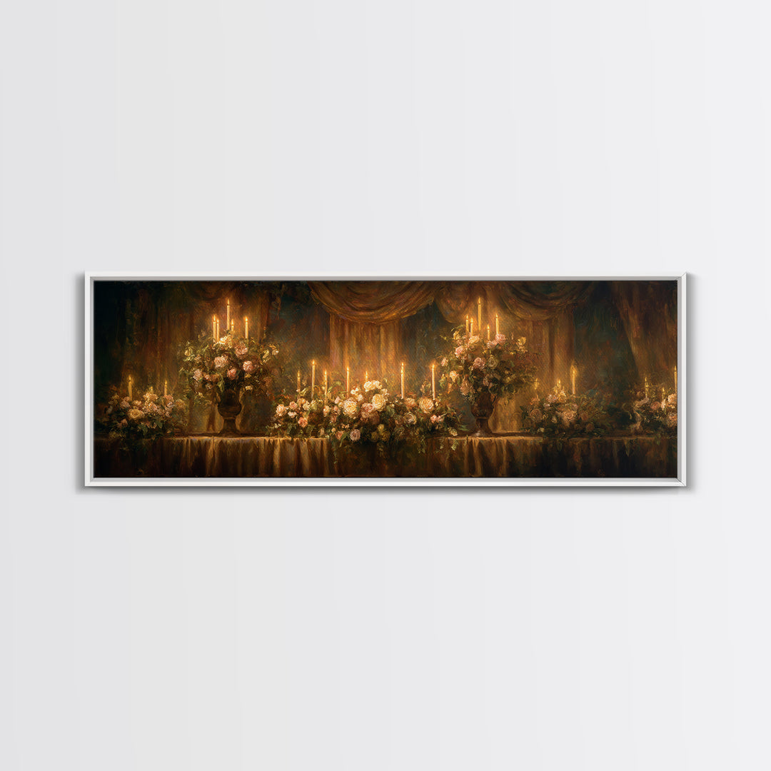 Velvet Drapery with Pearls Flowers and Candlelight Framed Canvas Print, Baroque Art, Wall Art, Living Room Decor, Ornate, BAO-3x1-67