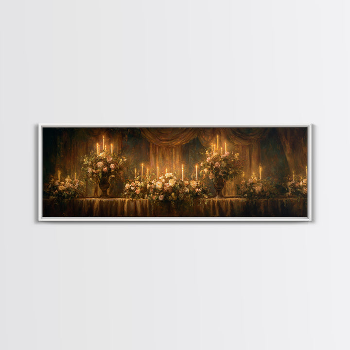 Velvet Drapery with Pearls Flowers and Candlelight Framed Canvas Print, Baroque Art, Wall Art, Living Room Decor, Ornate, BAO-3x1-67