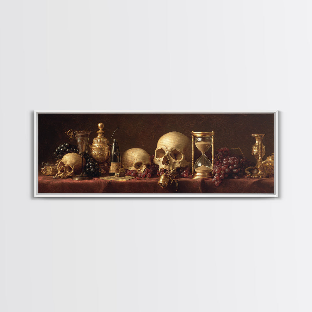 Skull and Hourglass Vanitas Still Life Framed Canvas Print, Baroque Art, Whimsical Decor, Living Room Decor, Fine Art, Ornate, BAO-3x1-69