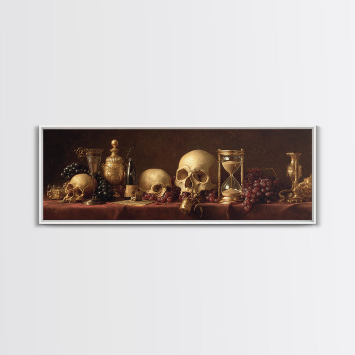 Skull and Hourglass Vanitas Still Life Framed Canvas Print, Baroque Art, Whimsical Decor, Living Room Decor, Fine Art, Ornate, BAO-3x1-69