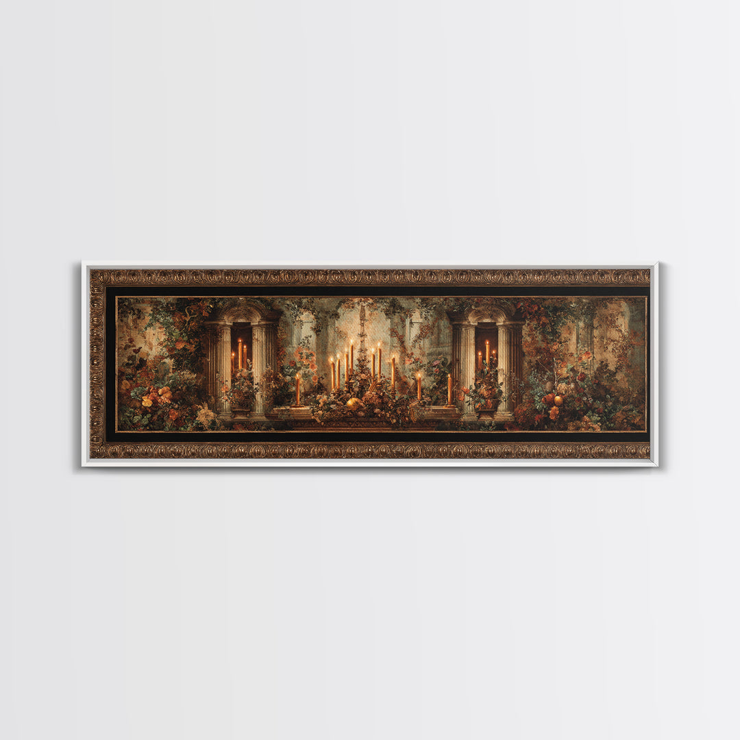 Ornate Gold Frame Illusion Around a Botanical Framed Canvas Print, Baroque Art, 3d Wall Art, Living Room Decor, Oil Painting, BAO-3x1-73