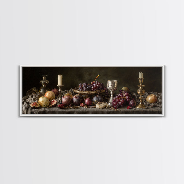Candlelit Table with Silver Goblet and Figs Framed Canvas Print, Baroque Art, Oil Painting, Living Room Decor, Fine Art, Ornate, BAO-3x1-77