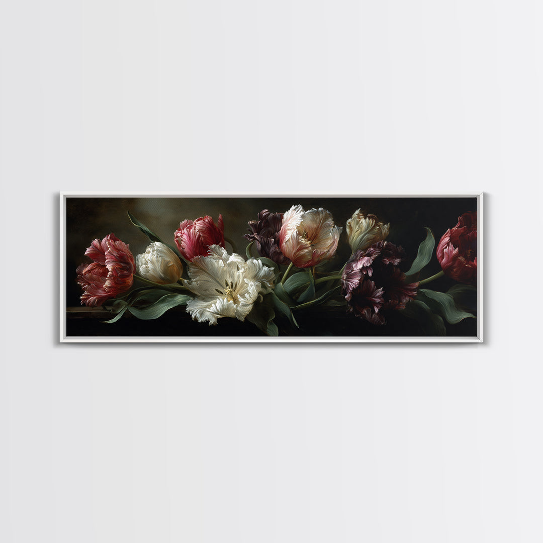 Black Background Tulips Canvas Print, Baroque Art, Minimalist Decor, Living Room Decor, Fine Art, Ornate, Whimsical Decor, BAO-3x1-80
