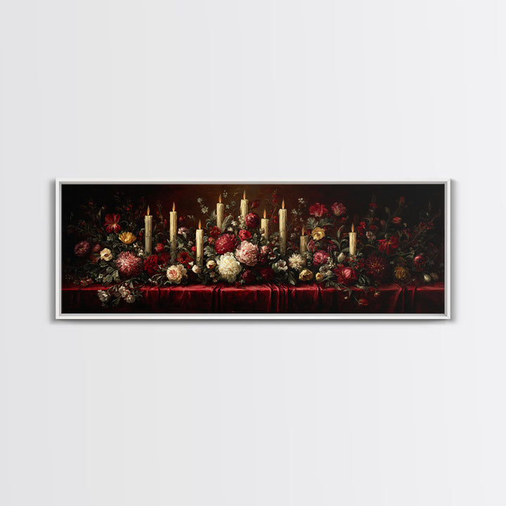 Velvet Drapery with Pearls Flowers and Candlelight Canvas Print, Baroque Art, Portrait Painting, Living Room Decor, Ornate, BAO-3x1-91