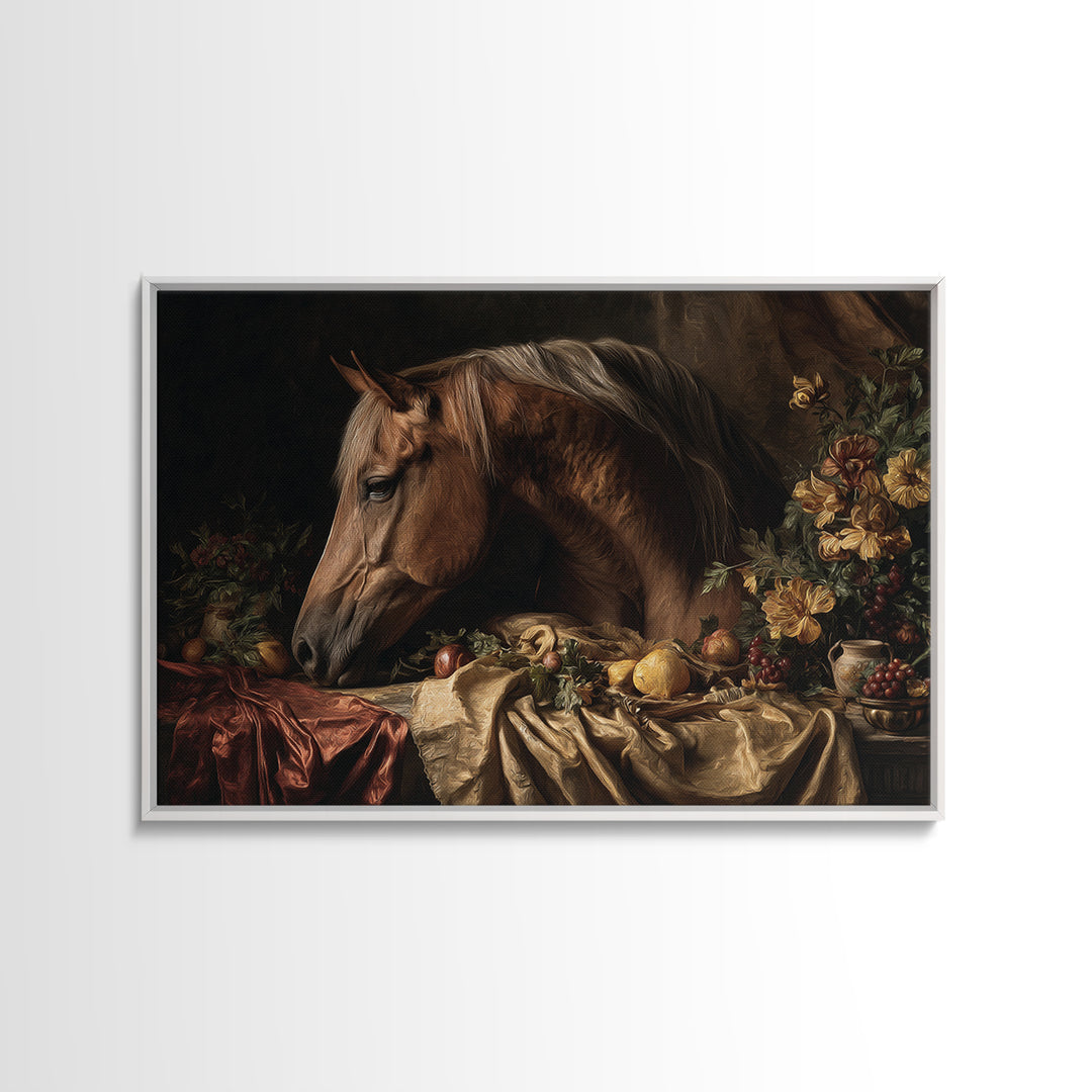 Dramatic Horse Portrait Framed Canvas Print, Baroque Art, Modern Wall Art, Living Room Decor, Oil Painting, Ornate, BAO-3x2-100