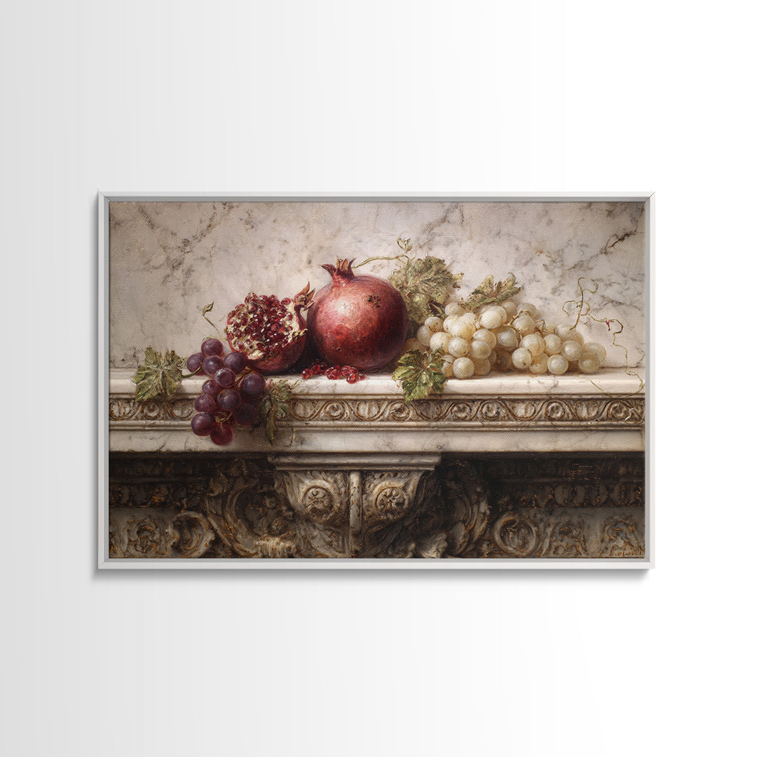 Pomegranate and Grapes on a Marble Ledge Canvas Print, Baroque Art, Luxury Decor, Living Room Decor, Fine Art, Ornate, BAO-3x2-12