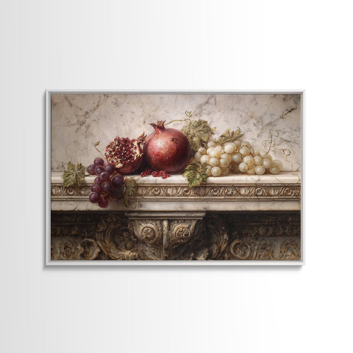 Pomegranate and Grapes on a Marble Ledge Canvas Print, Baroque Art, Luxury Decor, Living Room Decor, Fine Art, Ornate, BAO-3x2-12