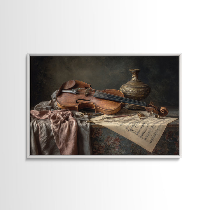 Baroque Violin and Sheet Music Still Life Framed Canvas Print, Baroque Art, Neutral Decor, Living Room Decor, Fine Art, Ornate, BAO-3x2-15