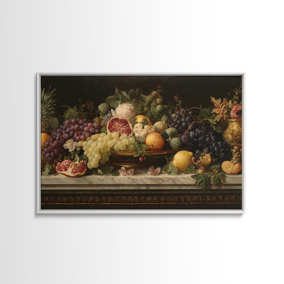 Lavish Banquet Fruit Composition Framed Canvas Print, Baroque Art, Textured Painting, Living Room Decor, Fine Art, Ornate, BAO-3x2-24