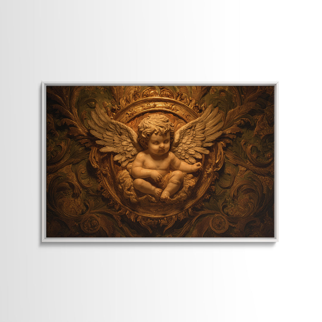 Ornate Cherub Figure Surrounded by Clouds and Canvas Print, Baroque Art, Printable Wall Art, Living Room Decor, Ornate, BAO-3x2-30