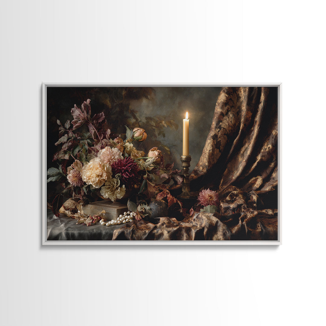 Velvet Drapery with Pearls Flowers and Candlelight Framed Canvas Print, Baroque Art, Painting, Living Room Decor, Ornate, BAO-3x2-31