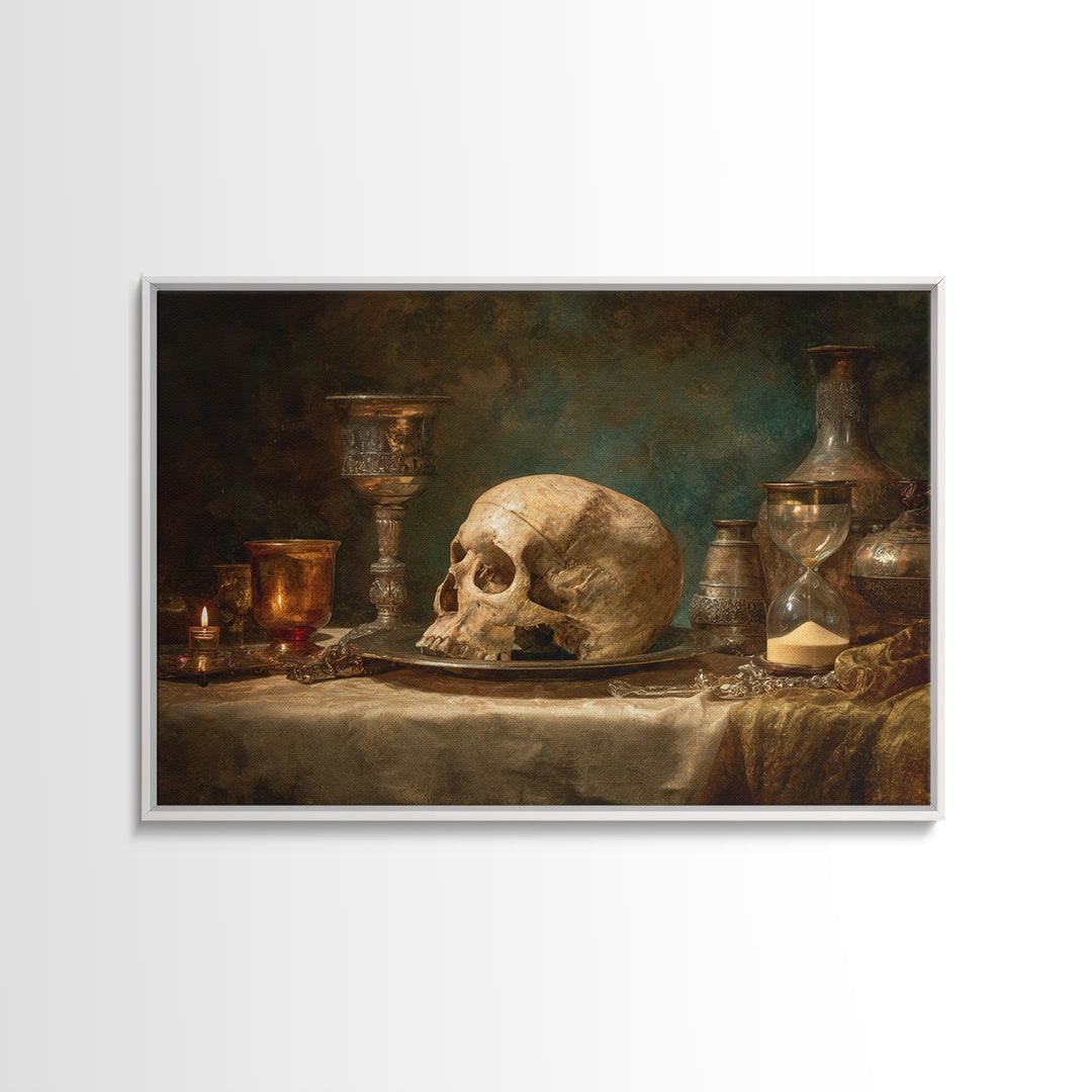 Skull and Hourglass Vanitas Still Life Canvas Print, Baroque Art, Printable Wall Art, Living Room Decor, Fine Art, Ornate, BAO-3x2-33