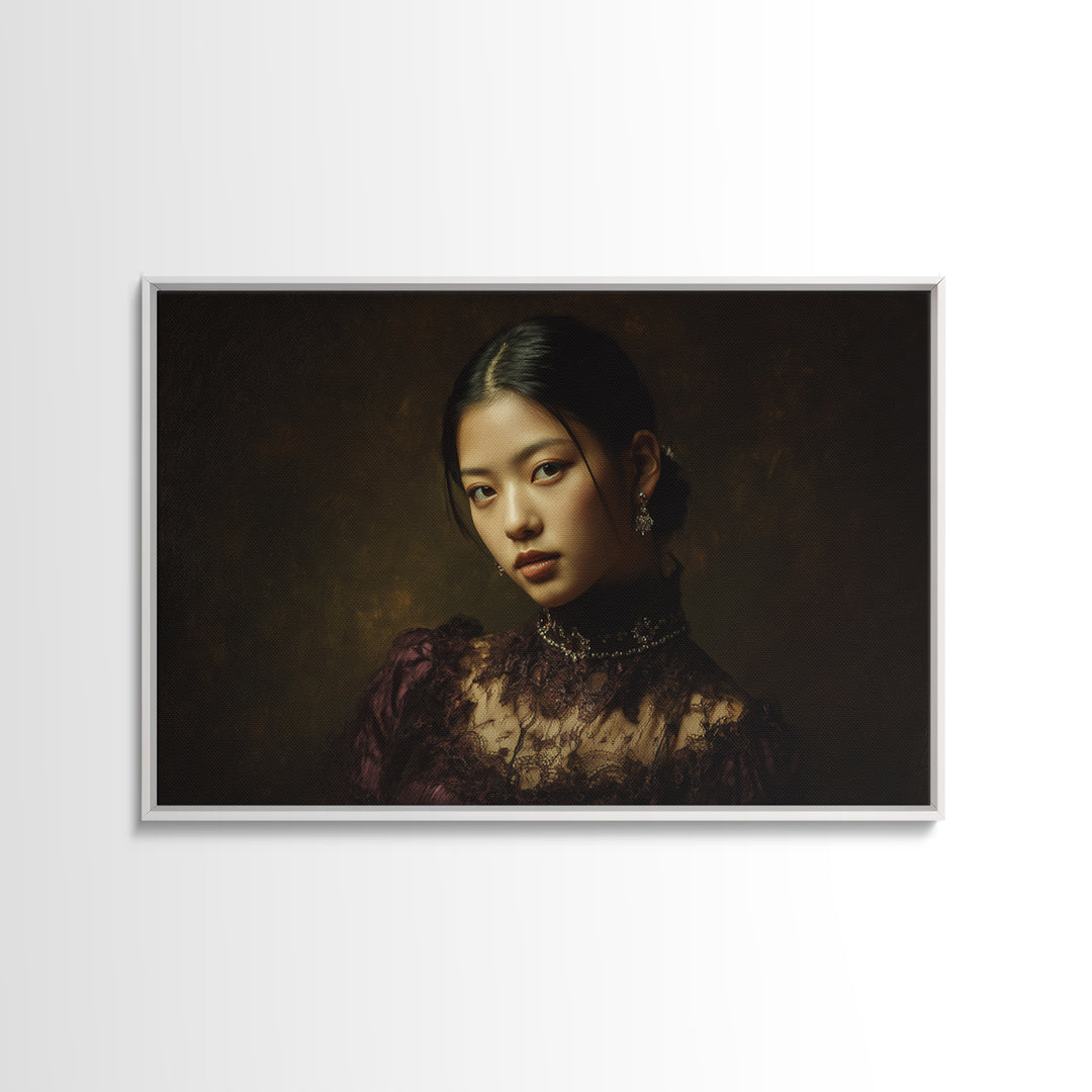 Classical Portrait with Lace Collar and Jewel Framed Canvas Print, Baroque Art, Decor, Living Room Decor, Oil Painting, Ornate, BAO-3x2-35
