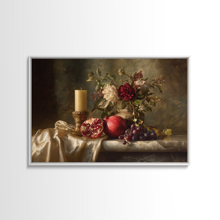 Pomegranate and Grapes on a Marble Ledge Framed Canvas Print, Baroque Art, Contemporary Art, Living Room Decor, Ornate, BAO-3x2-36