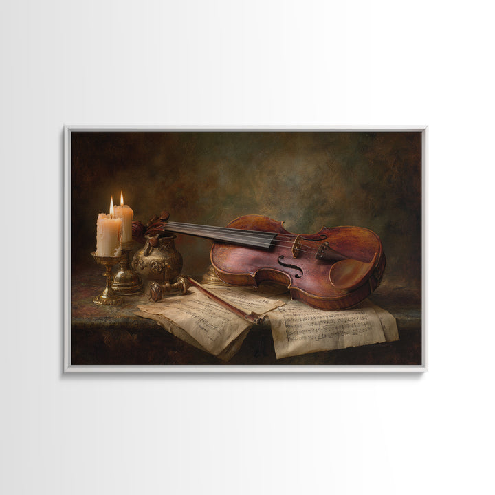 Baroque Violin and Sheet Music Still Life Framed Canvas Print, Baroque Art, Whimsical Decor, Living Room Decor, Ornate, BAO-3x2-39