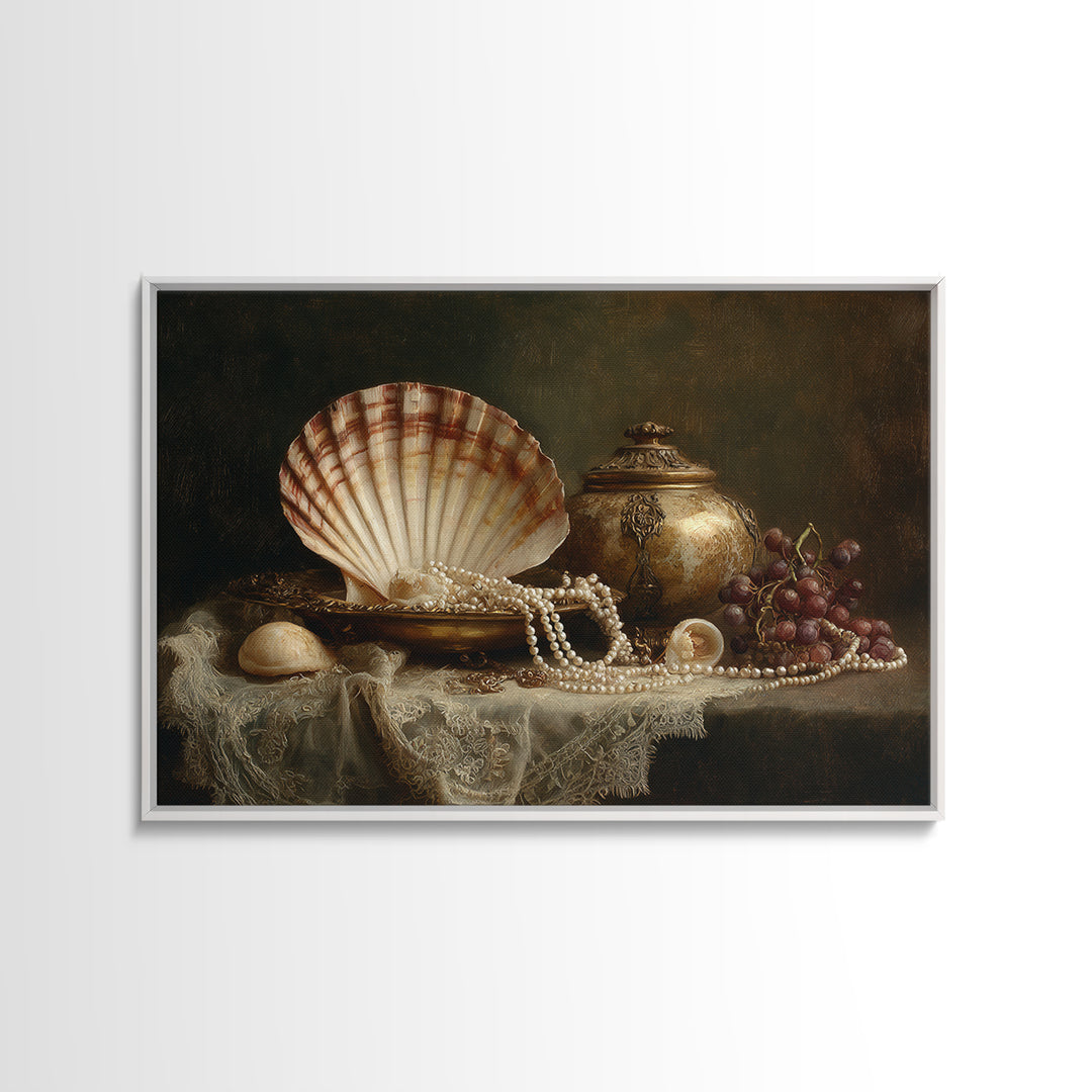Ornamental Shell and Pearl Composition Framed Canvas Print, Baroque Art, Decor, Living Room Decor, Oil Painting, Ornate, BAO-3x2-50