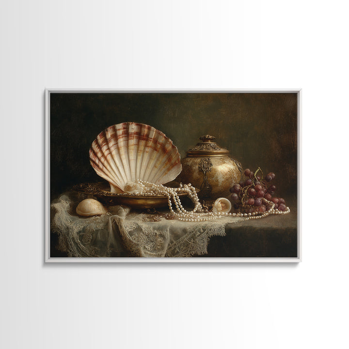 Ornamental Shell and Pearl Composition Framed Canvas Print, Baroque Art, Decor, Living Room Decor, Oil Painting, Ornate, BAO-3x2-50