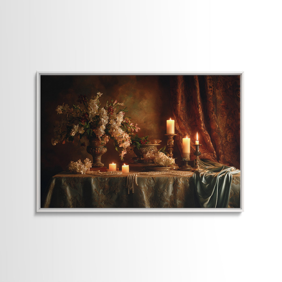 Velvet Drapery with Pearls Flowers and Candlelight Canvas Print, Baroque Art, Maximalist Wall Art, Living Room Decor, Ornate, BAO-3x2-55