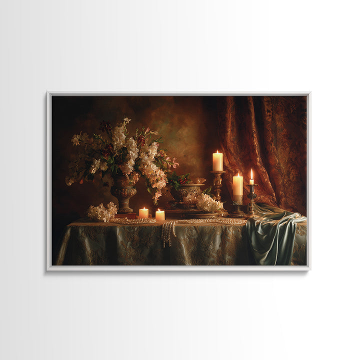 Velvet Drapery with Pearls Flowers and Candlelight Canvas Print, Baroque Art, Maximalist Wall Art, Living Room Decor, Ornate, BAO-3x2-55