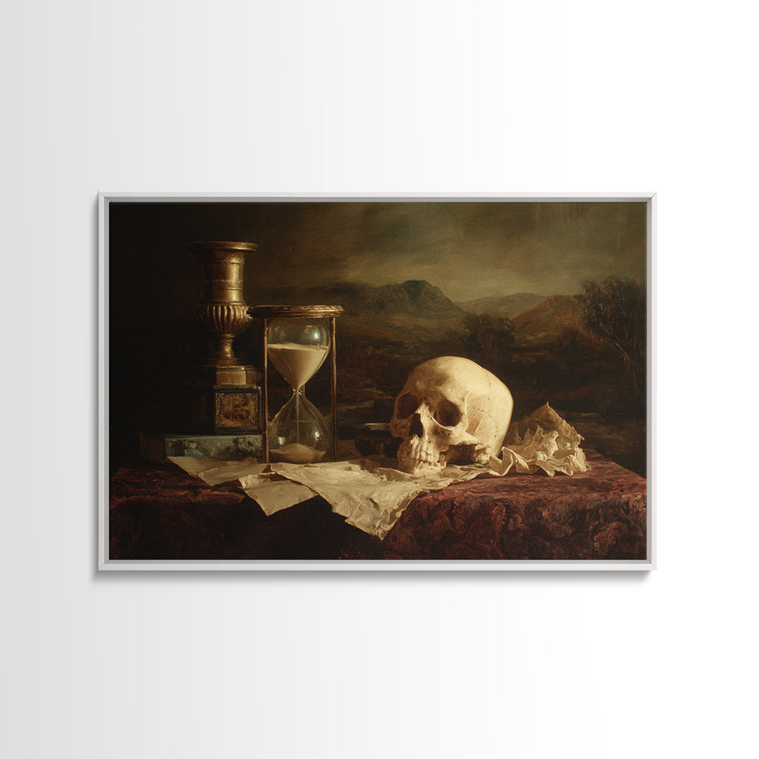 Skull and Hourglass Vanitas Still Life Canvas Print, Baroque Art, Printable Wall Art, Living Room Decor, Fine Art, Ornate, BAO-3x2-57