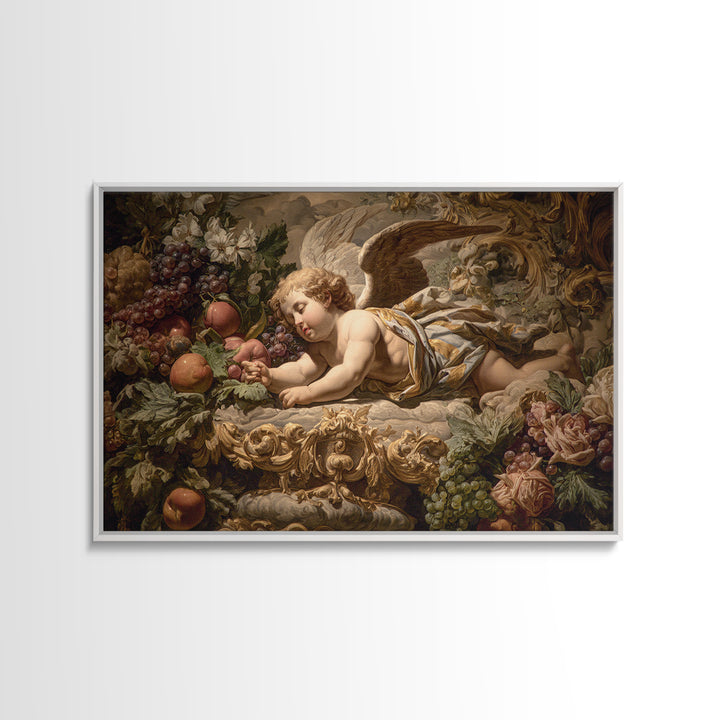 Ornate Cherub Figure Surrounded by Clouds and Framed Canvas Print, Baroque Art, Contemporary Art, Living Room Decor, Ornate, BAO-3x2-6