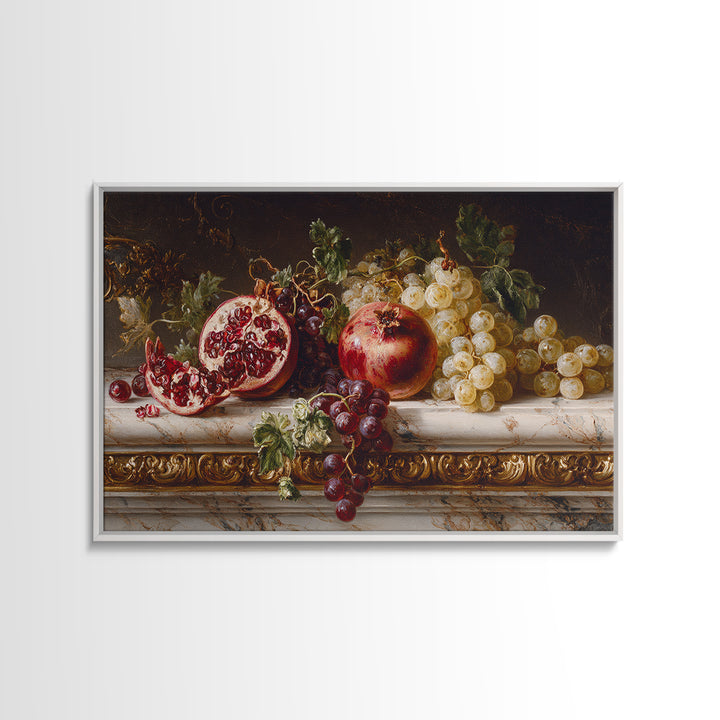 Pomegranate and Grapes on a Marble Ledge Framed Canvas Print, Baroque Art, Whimsical Decor, Living Room Decor, Fine Art, Ornate, BAO-3x2-60