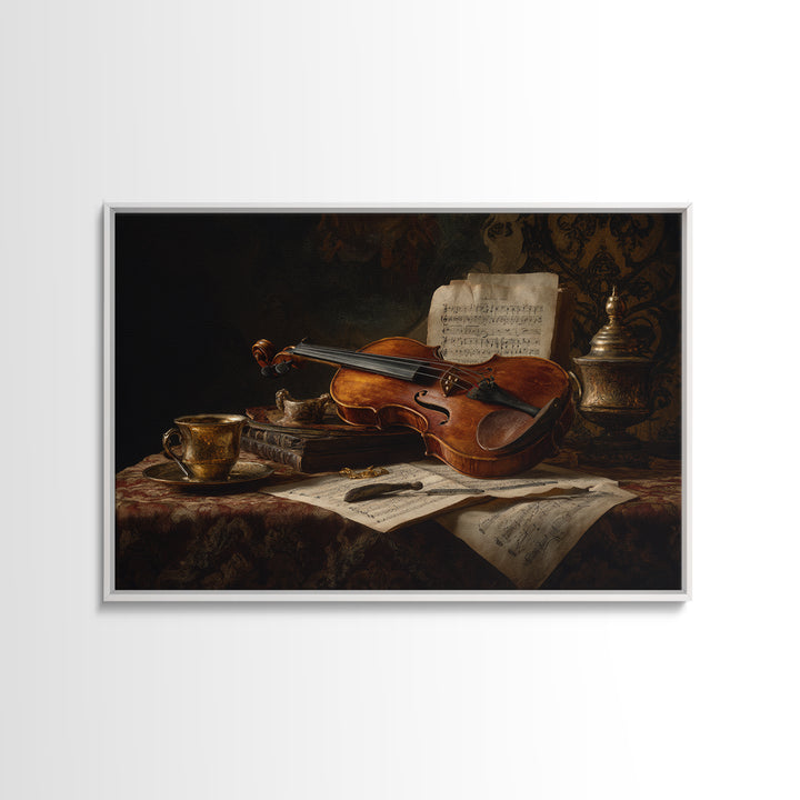 Baroque Violin and Sheet Music Still Life Framed Canvas Print, Baroque Art, Neutral Decor, Living Room Decor, Fine Art, Ornate, BAO-3x2-63