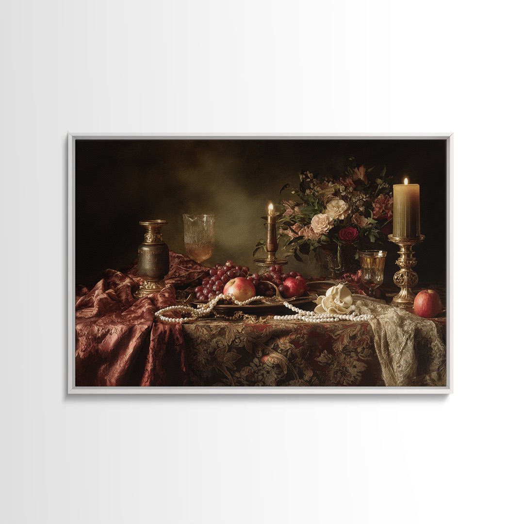 Velvet Drapery with Pearls Flowers and Candlelight Canvas Print, Baroque Art, Maximalist Wall Art, Living Room Decor, Ornate, BAO-3x2-7