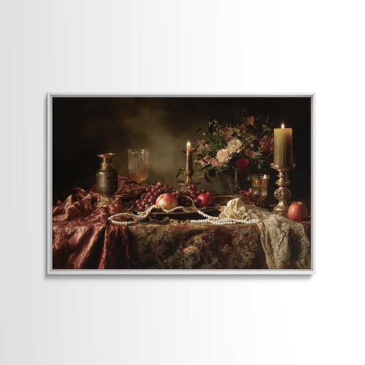 Velvet Drapery with Pearls Flowers and Candlelight Canvas Print, Baroque Art, Maximalist Wall Art, Living Room Decor, Ornate, BAO-3x2-7