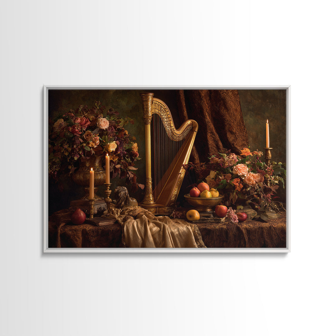 Golden Harp and Roses Framed Canvas Print, Baroque Art, Painting, Living Room Decor, Fine Art, Ornate, Living Room Wall Art, BAO-3x2-70