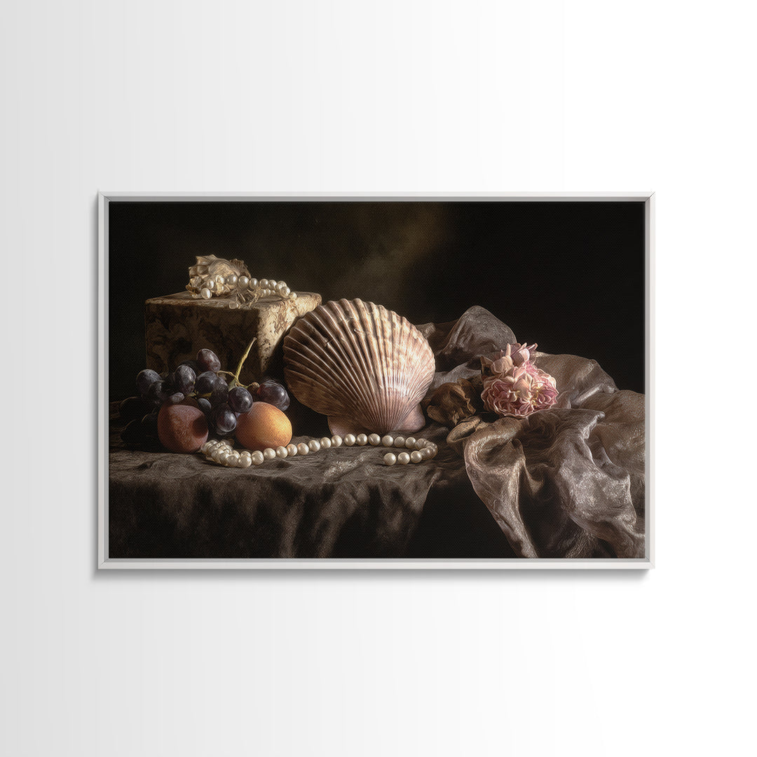 Ornamental Shell and Pearl Composition Framed Canvas Print, Baroque Art, Decor, Living Room Decor, Oil Painting, Ornate, BAO-3x2-74
