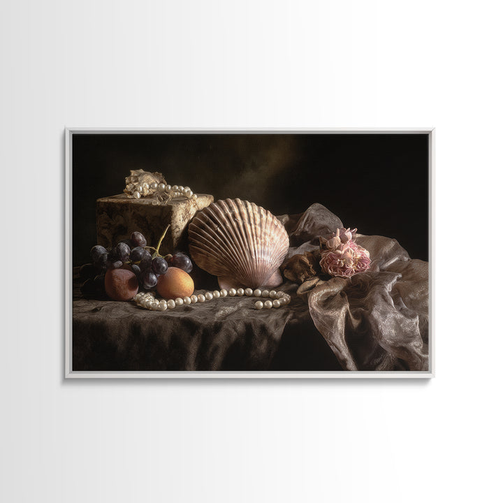 Ornamental Shell and Pearl Composition Framed Canvas Print, Baroque Art, Decor, Living Room Decor, Oil Painting, Ornate, BAO-3x2-74
