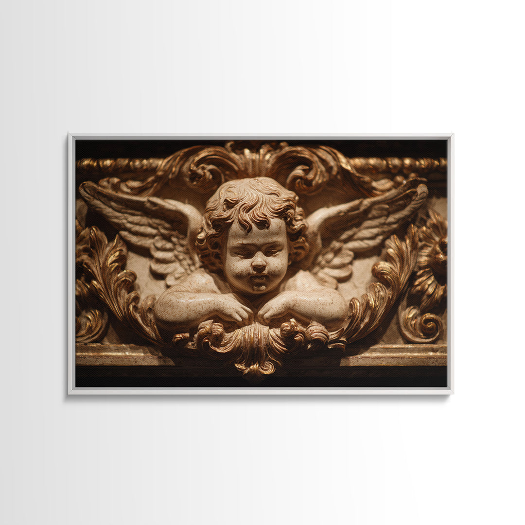 Ornate Cherub Figure Surrounded by Clouds and Framed Canvas Print, Baroque Art, Whimsical Decor, Living Room Decor, Ornate, BAO-3x2-78
