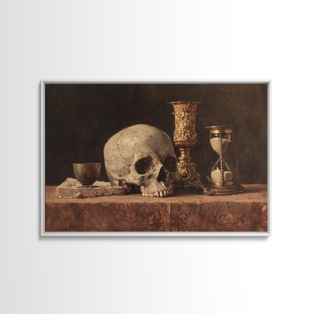 Skull and Hourglass Vanitas Still Life Framed Canvas Print, Baroque Art, Whimsical Decor, Living Room Decor, Fine Art, Ornate, BAO-3x2-81