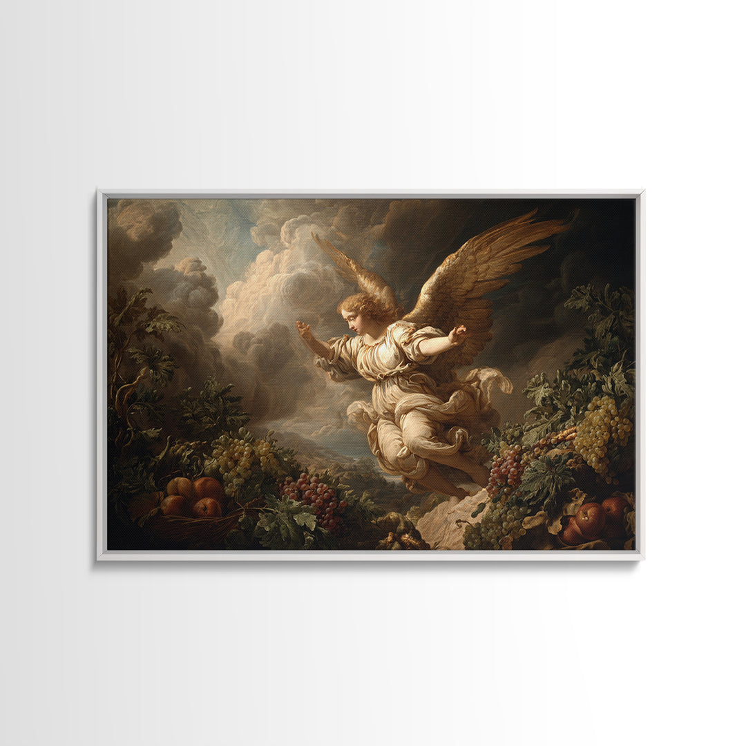Gilded Angel Wings Emerging from Storm Clouds Framed Canvas Print, Baroque Art, 3d Wall Art, Living Room Decor, Oil Painting, BAO-3x2-82