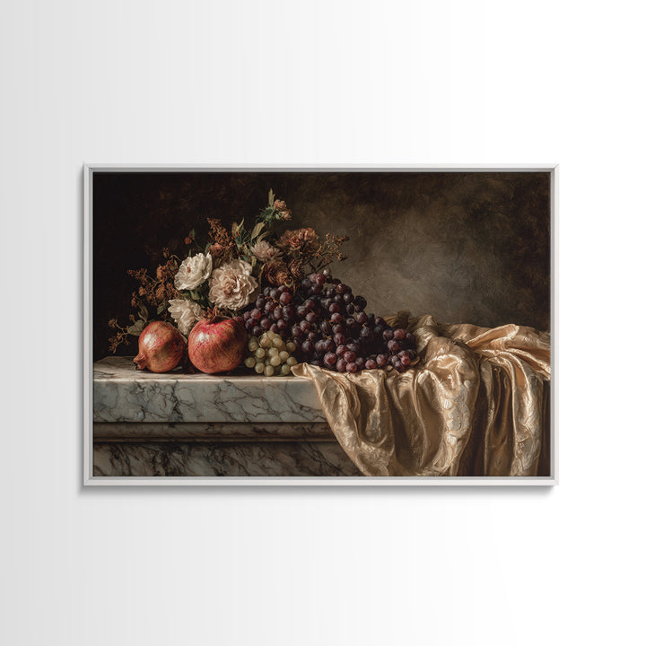 Pomegranate and Grapes on a Marble Ledge Canvas Print, Baroque Art, Moody Wall Art, Living Room Decor, Fine Art, Ornate, BAO-3x2-84