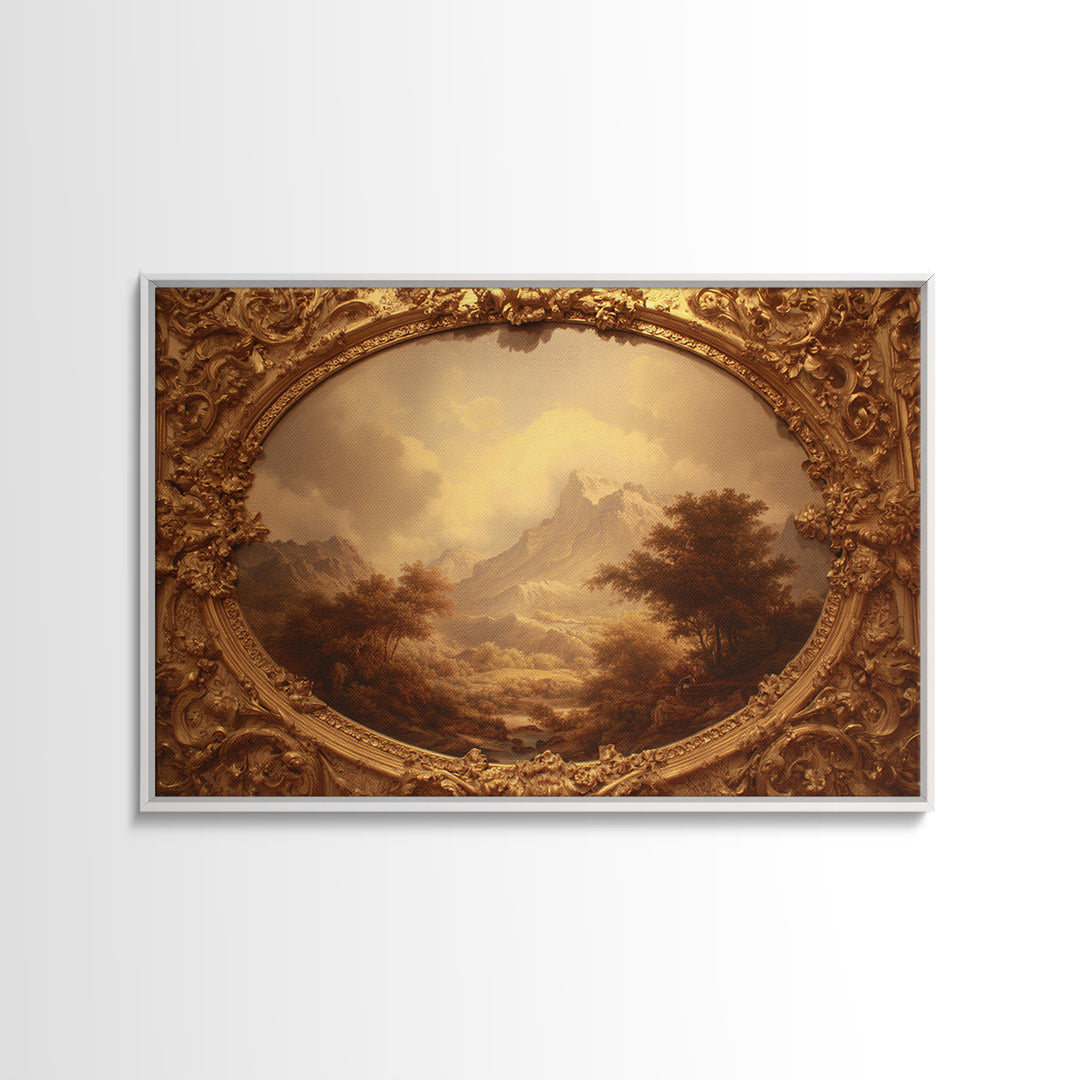 Ornate Gold Frame Illusion Around a Botanical Framed Canvas Print, Baroque Art, 3d Wall Art, Living Room Decor, Ornate, BAO-3x2-85