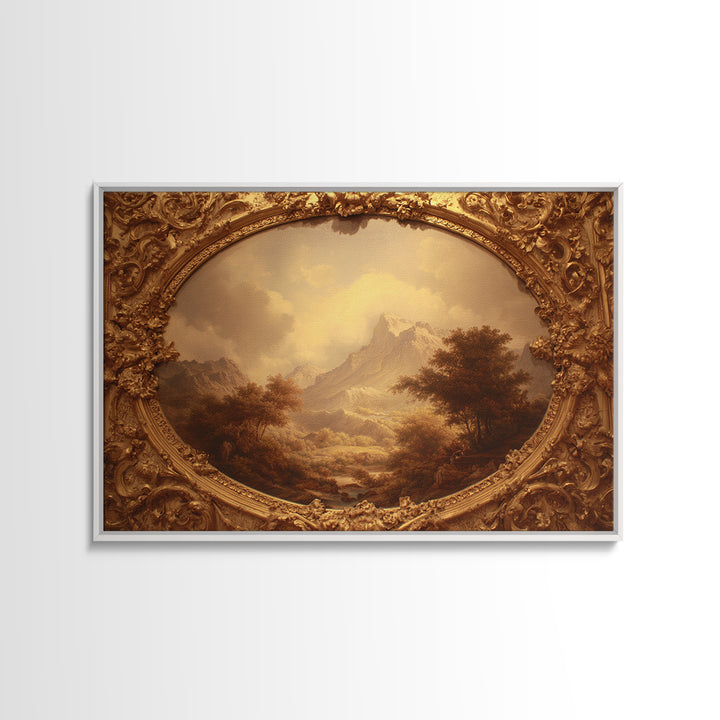 Ornate Gold Frame Illusion Around a Botanical Framed Canvas Print, Baroque Art, 3d Wall Art, Living Room Decor, Ornate, BAO-3x2-85