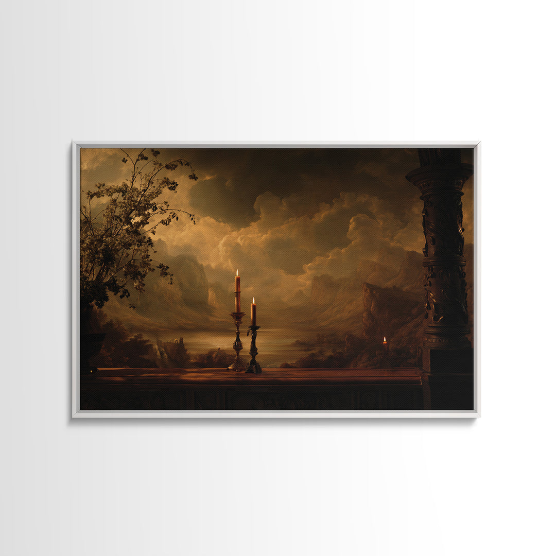 Theatrical Stormy Landscape Framed Canvas Print, Baroque Art, Oil Painting, Living Room Decor, Ornate, Eclectic Wall Art, BAO-3x2-86