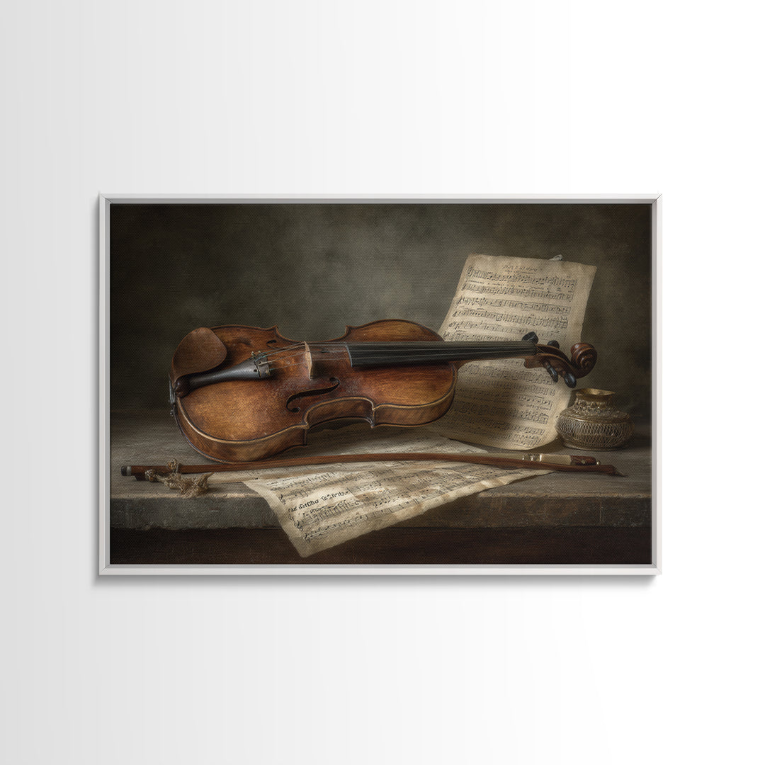 Baroque Violin and Sheet Music Still Life Framed Canvas Print, Baroque Art, Whimsical Decor, Living Room Decor, Ornate, BAO-3x2-87