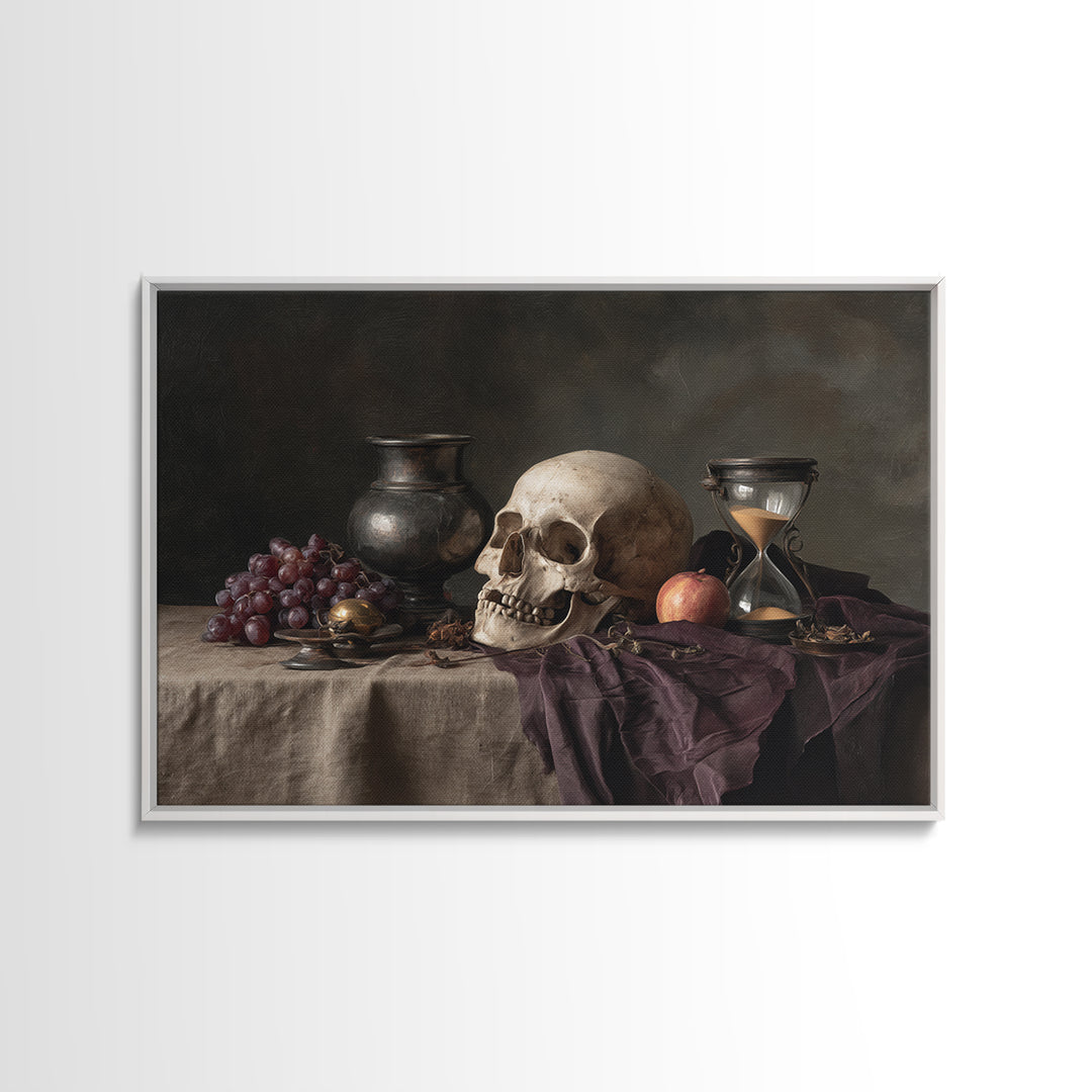 Skull and Hourglass Vanitas Still Life Framed Canvas Print, Baroque Art, Contemporary Art, Living Room Decor, Fine Art, Ornate, BAO-3x2-9