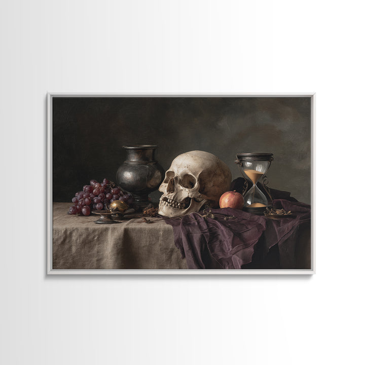 Skull and Hourglass Vanitas Still Life Framed Canvas Print, Baroque Art, Contemporary Art, Living Room Decor, Fine Art, Ornate, BAO-3x2-9