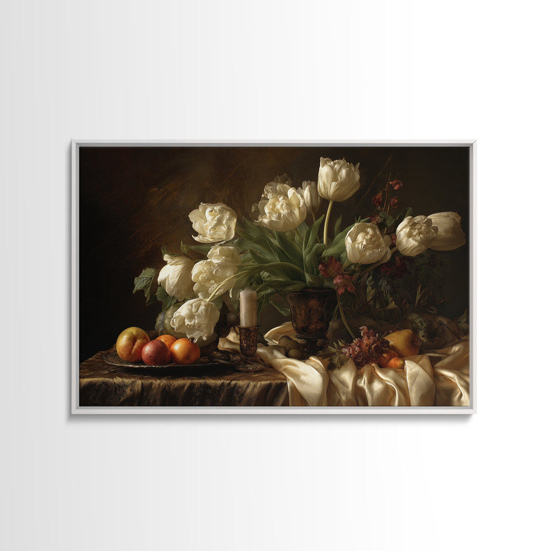 Black Background Tulips Framed Canvas Print, Baroque Art, Room Decor Aesthetic, Living Room Decor, Fine Art, Ornate, Home Decor, BAO-3x2-92