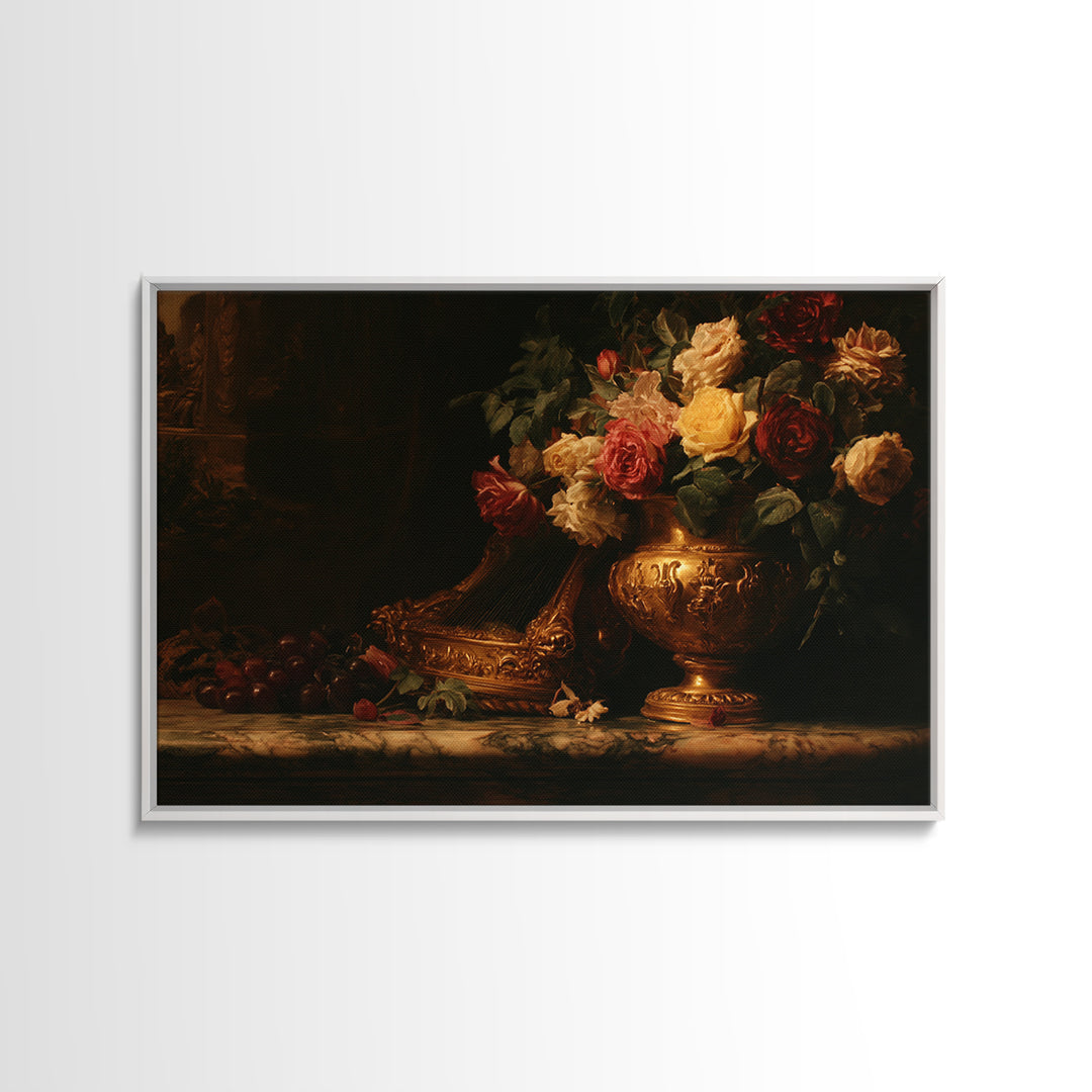 Golden Harp and Roses Canvas Print, Baroque Art, Printable Art, Living Room Decor, Abstract Art, Ornate, Gallery Wall, BAO-3x2-94